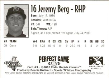 2010 Perfect Game Cedar Rapids Kernels #3 Jeremy Berg Back