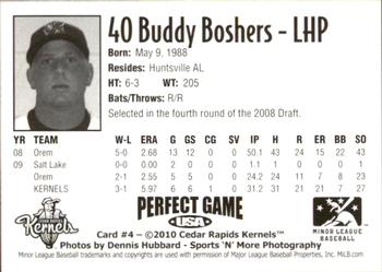 2010 Perfect Game Cedar Rapids Kernels #4 Buddy Boshers Back
