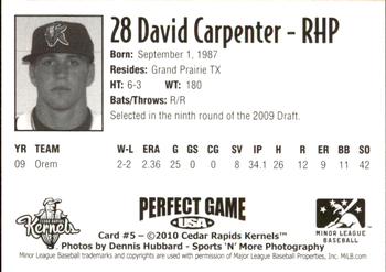 2010 Perfect Game Cedar Rapids Kernels #5 David Carpenter Back