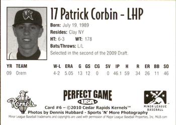 2010 Perfect Game Cedar Rapids Kernels #6 Patrick Corbin Back