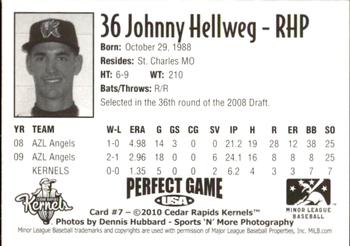 2010 Perfect Game Cedar Rapids Kernels #7 Johnny Hellweg Back