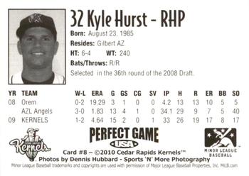 2010 Perfect Game Cedar Rapids Kernels #8 Kyle Hurst Back