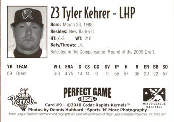 2010 Perfect Game Cedar Rapids Kernels #9 Tyler Kehrer Back