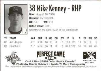 2010 Perfect Game Cedar Rapids Kernels #10 Mike Kenney Back
