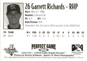 2010 Perfect Game Cedar Rapids Kernels #12 Garrett Richards Back