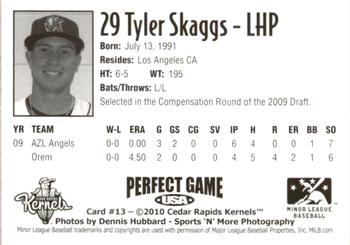 2010 Perfect Game Cedar Rapids Kernels #13 Tyler Skaggs Back