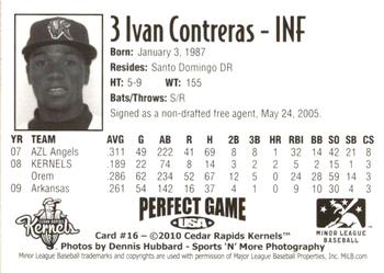 2010 Perfect Game Cedar Rapids Kernels #16 Ivan Contreras Back