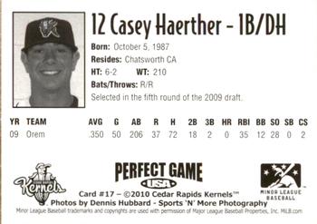 2010 Perfect Game Cedar Rapids Kernels #17 Casey Haerther Back
