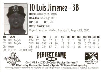 2010 Perfect Game Cedar Rapids Kernels #18 Luis Jimenez Back