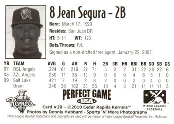 2010 Perfect Game Cedar Rapids Kernels #20 Jean Segura Back