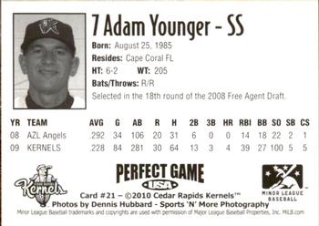 2010 Perfect Game Cedar Rapids Kernels #21 Adam Younger Back