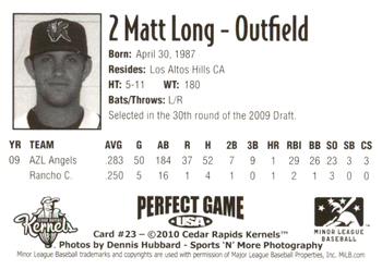 2010 Perfect Game Cedar Rapids Kernels #23 Matt Long Back