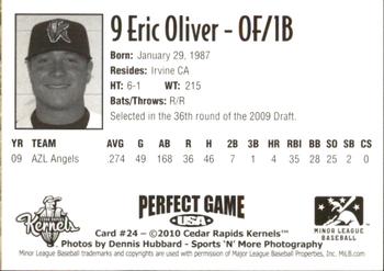 2010 Perfect Game Cedar Rapids Kernels #24 Eric Oliver Back