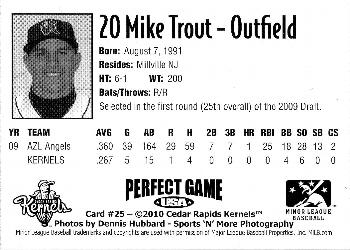 2010 Perfect Game Cedar Rapids Kernels #25 Mike Trout Back