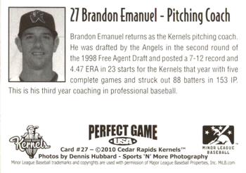 2010 Perfect Game Cedar Rapids Kernels #27 Brandon Emanuel Back