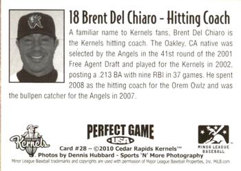 2010 Perfect Game Cedar Rapids Kernels #28 Brent Del Chiaro Back