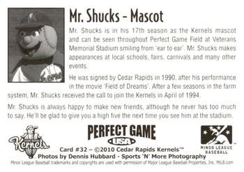 2010 Perfect Game Cedar Rapids Kernels #32 Mr. Shucks Back