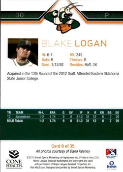 2013 Brandt Greensboro Grasshoppers #8 Blake Logan Back