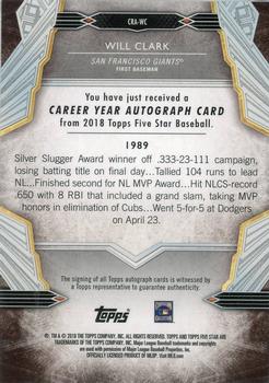 2018 Topps Five Star - Career Year Autographs #CRA-WC Will Clark Back