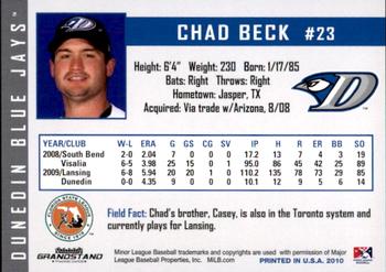2010 Grandstand Dunedin Blue Jays #NNO Chad Beck Back