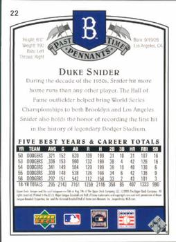 2005 UD Past Time Pennants #22 Duke Snider Back