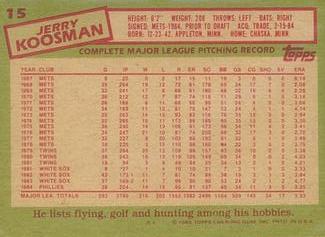 1985 Topps Mini Test Issue #15 Jerry Koosman Back