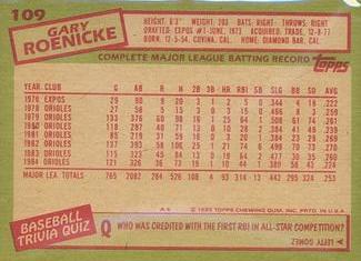 1985 Topps Mini Test Issue #109 Gary Roenicke Back