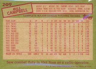 1985 Topps Mini Test Issue #209 Bill Campbell Back