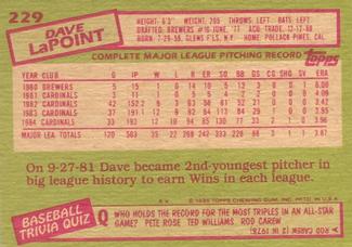 1985 Topps Mini Test Issue #229 Dave LaPoint Back