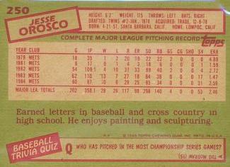 1985 Topps Mini Test Issue #250 Jesse Orosco Back