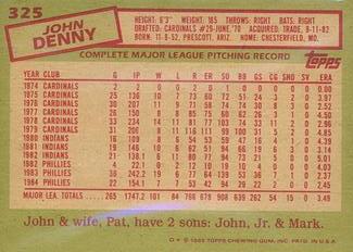 1985 Topps Mini Test Issue #325 John Denny Back