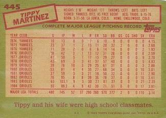 1985 Topps Mini Test Issue #445 Tippy Martinez Back