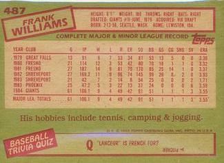 1985 Topps Mini Test Issue #487 Frank Williams Back