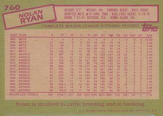 1985 Topps Mini Test Issue #760 Nolan Ryan Back