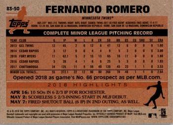 2018 Topps Update - 1983 Topps Baseball 35th Anniversary Blue #83-50 Fernando Romero Back