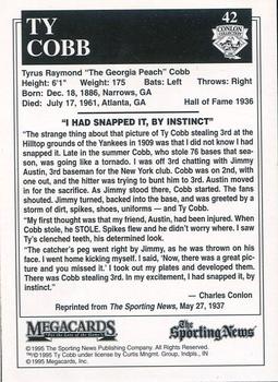 1995 Conlon Collection TSN Color #42 Ty Cobb Back