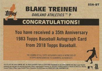 2018 Topps Update - 1983 Topps Baseball 35th Anniversary Autographs #83A-BT Blake Treinen Back