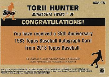 2018 Topps Update - 1983 Topps Baseball 35th Anniversary Autographs #83A-TU Torii Hunter Back