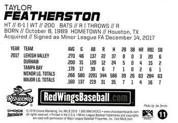 2018 Choice Rochester Red Wings #11 Taylor Featherston Back