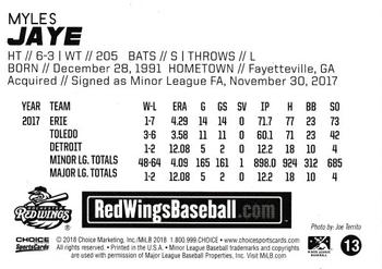 2018 Choice Rochester Red Wings #13 Myles Jaye Back