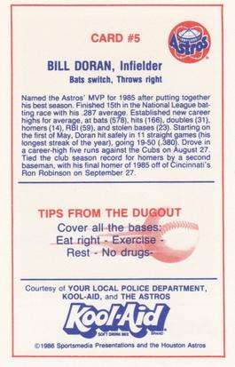 1986 Kool-Aid Houston Astros #5 Bill Doran Back