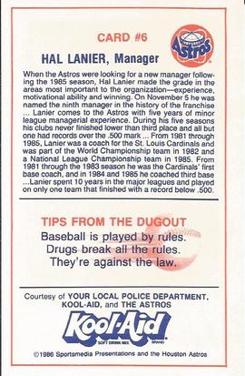 1986 Kool-Aid Houston Astros #6 Hal Lanier Back