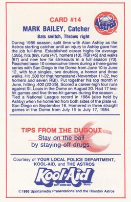 1986 Kool-Aid Houston Astros #14 Mark Bailey Back