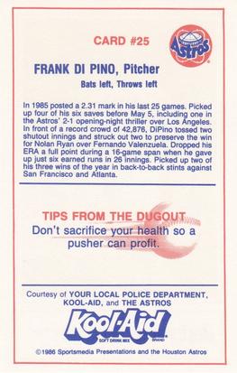1986 Kool-Aid Houston Astros #25 Frank DiPino Back