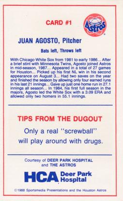 1988 Houston Astros Police #1 Juan Agosto Back