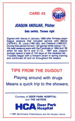 1988 Houston Astros Police #3 Joaquin Andujar Back