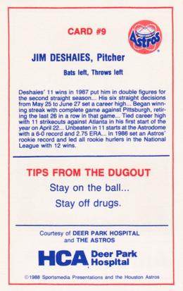 1988 Houston Astros Police #9 Jim Deshaies Back