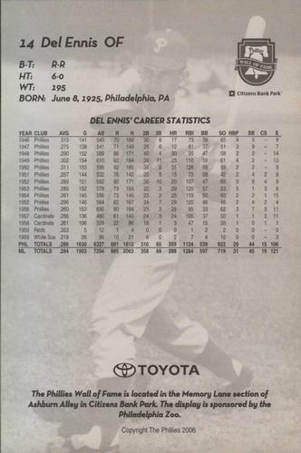 2006 Toyota Philadelphia Phillies Wall Of Fame #NNO Del Ennis Back