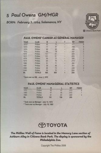2006 Toyota Philadelphia Phillies Wall Of Fame #NNO Paul Owens Back