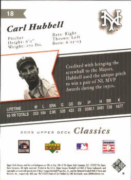 2005 Upper Deck Classics #18 Carl Hubbell Back